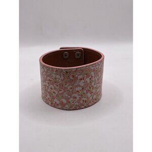 Patricia Nash Pink White Floral Wide Leather Cuff Bracelet Lock Closure